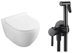 Pachet vas wc suspendat Fluminia, capac softclose si set dus igiena intima negru cu baterie incastrata Rea Loop