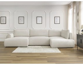 Colțar crem extensibil/cu spațiu de depozitare cu tapițerie din catifea reiată (cu colț pe partea dreaptă/în formă de "U") Lucien – Bobochic Paris