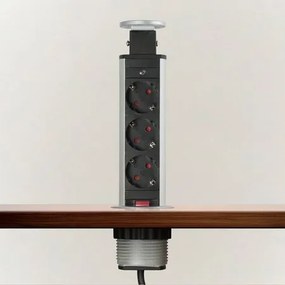 Priză încorporabilă în blat Elevator GTV, 3 prize Schuko, gri, D:60 mm Gri, Metal/ Plastic, D:60 mm