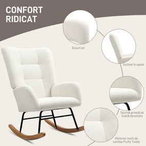 HOMCOM Balansoar, Fotoliu din Catifea Teddy, Scaun Relax cu Picioare din Lemn, Balansoar pentru Dormitor și Living, Alb Crem | Aosom Romania