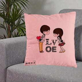 Cadou Romantic - Perna Personalizata Cuplu Kawaii LOVE, 40x40 cm, Roz, Husa Detasabila, Perna Inclusa, BEKZ®