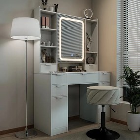 Masuta machiaj cu Oglinda LED si 7 Sertare pentru Cosmetice, Set Masa toaleta 105 cm, Alb, masuta cosmetica, vanity - SEA810