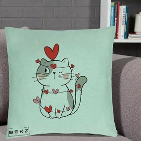 Perna Decorativa Pisica Kawaii cu Inimi, 40x40 cm, Verde Menta, Husa Detasabila, Perna Inclusa, BEKZ®