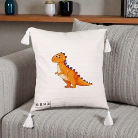 Perna Decorativa T-Rex Portocaliu, 40x40 cm, Bej cu Franjuri, Husa Detasabila, Perna Inclusa, BEKZ®