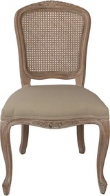 Scaun dining tapițat shabby chic din lemn, ratan și stofă, bej, cu spătar cannage și picioare cambrate sculptate, 95 x 52 x 49 cm, „Fleurette”