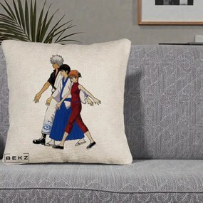 Perna Personalizata Gintama Trio Gintoki Shinpachi Kagura, 40x40 cm, Bej Canapea, Husa Detasabila, Perna Inclusa, BEKZ®