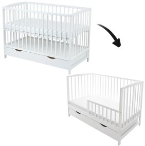 Patut din lemn masiv cu sertar, capac si bariera 120x60 cm Kidizi Orella alb,reglabil pe 3 nivele, certificat EN71