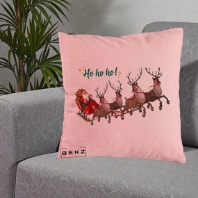 Perna Decorativa Ho Ho Ho Mos Craciun cu Sanie si Reni, 40x40 cm, Roz, Husa Detasabila, Perna Inclusa, BEKZ®