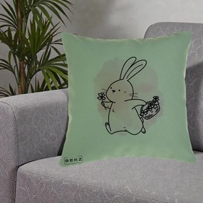Perna Decorativa Iepuras Kawaii cu Cosulet Floral, 40x40 cm, Verde, Husa Detasabila, Perna Inclusa, BEKZ®