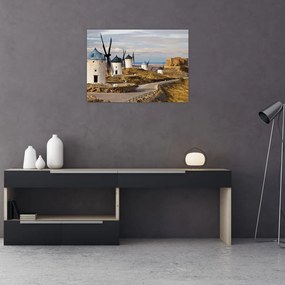 Tablou pe sticlă - Morile de vânt din Consuegra, Spania (70x50 cm)