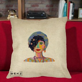 Perna Decorativa Portret Femeie Etnic Colorat, 40x40 cm, Crem, Husa Detasabila, Perna Inclusa, BEKZ®