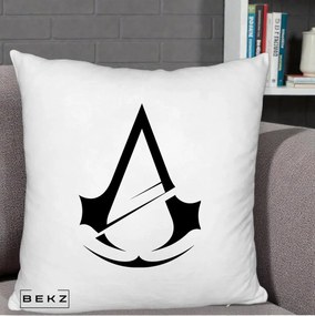 Perna Personalizata Assassin's Creed Minimalist, 40x40 cm, Alb Pufos, Husa Detasabila, Perna Inclusa, BEKZ®