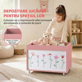 AIYAPLAY Cufăr pentru jucării copii 3-8 ani cu roți, 34,5 L, 15 kg, 50 x 30 x 33,5 cm, pentru dormitor, roz | Aosom Romania