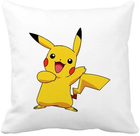 Perna Decorativa Patrata copii Pikachu, 40x40 cm, Alba, Mata, Husa Detasabila, Burduf