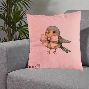 Perna Decorativa Pasare Teal cu Fundita cu Buline, 40x40 cm, Roz, Husa Detasabila, Perna Inclusa, BEKZ®