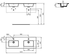 Lavoar dublu incastrat alb 122 cm, dreptunghiular, Ideal Standard Tempo 1215x455 mm