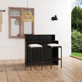 Set mobilier bar de grădină cu perne, 3 piese, negru