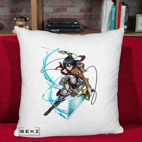 Perna Personalizata Attack on Titan Mikasa Ackerman Lupta, 40x40 cm, Alb Pufos, Husa Detasabila, Perna Inclusa, BEKZ®
