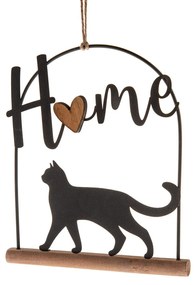 Decorațiune metalică suspendată pe suport din lemnPisică, 16 x 18 cm
