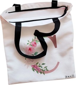 Sacosa de Panza pentru Cumparaturi, Geanta Tote, Cu litera C Rose Gold si Trandafiri, Cu fermoar, 38x34.5 cm, Alba, BEKZ®