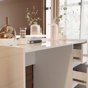 Masuta machiaj cu Oglinda LED si 3 Sertare pentru Cosmetice, Set Masa toaleta 120 cm, Alb Lucios, masuta cosmetica, vanity - SEA806