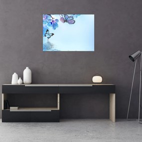 Tablou - Fluture pe flori de orhidee, albastru (70x50 cm)