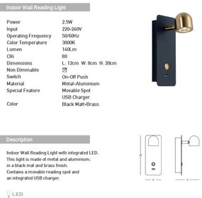 Aplica cu spot LED directionabil, USB Charger Bran negru/alama