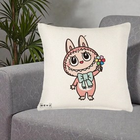 Perna Personalizata Labubu Roz cu Morisca, 40x40 cm, Crem Reliefat, Husa Detasabila, Perna Inclusa, BEKZ®