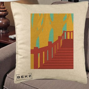 Perna Decorativa Scari Toamna Peisaj Grafic, 40x40 cm, Bej, Husa Detasabila, Perna Inclusa, BEKZ®
