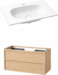 Set dulap baza suspendat KolpaSan Storia 2 sertare 100 cm finisaj acacia cu lavoar compozit Kerrock alb