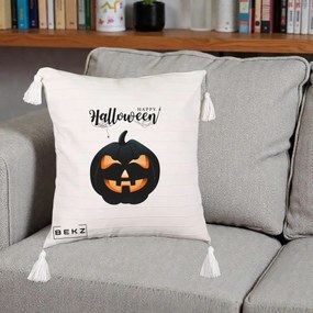 Perna Decorativa Happy Halloween Dovleac Negru cu Paianjen, 40x40 cm, Bej cu Franjuri, Husa Detasabila, Perna Inclusa, BEKZ®