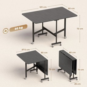 HOMCOM Masă de Dining Pliabilă, Masă de Bucătărie Rabatabilă cu Roți cu Frână pentru 4-6 Persoane, Birou Compact cu Cadru din Oțel, pentru Living, 120x80x73 cm, Negru cu Efect de Lemn | Aosom Romania