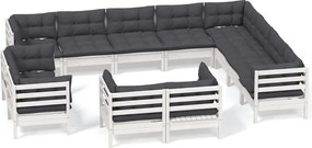 vidaXL Set mobilier grădină cu perne, 12 piese, alb, lemn masiv pin