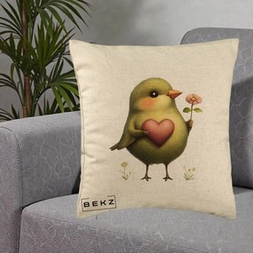 Perna Decorativa Pasare Verde cu Inima si Floare, 40x40 cm, Bej, Husa Detasabila, Perna Inclusa, BEKZ®