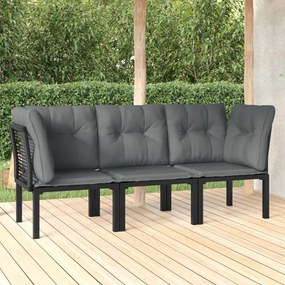 3187731 vidaXL Set mobilier de grădină cu perne, 3 piese, negru/gri, poliratan