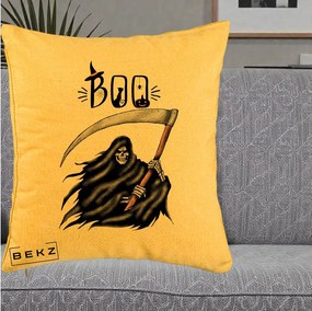 Perna Decorativa Halloween Boo Grim Reaper cu Coasa, 40x40 cm, Galben, Husa Detasabila, Perna Inclusa, BEKZ®