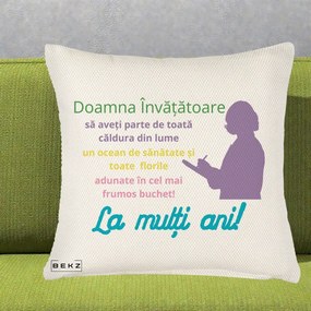 Cadou pentru Invatatoare - Perna Personalizata Doamna Invatatore La Multi Ani cu Silueta si Text Colorat, 40x40 cm, Crem Reliefat, Husa Detasabila, Perna Inclusa, BEKZ®