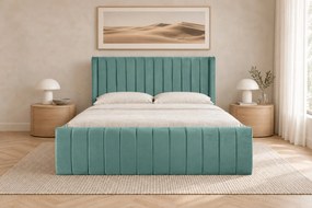 Pat tapițat din catifea Aurelia Simple 180×200 cm, verde marin, cu ladă de depozitare