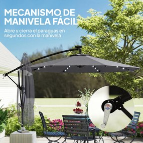 Outsunny Umbrelă Excentrică cu Lumină LED Solară 330x295 cm Umbrelă cu Bază Încrucișată Manivelă Husă Protectoare Gri Închis | Aosom Romania