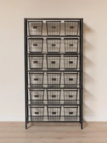 Etajeră metalică vintage în stil industrial, gri, cu 18 coșuri din sârmă și 6 rafturi din sticlă, 171,5 x 89 x 33,5 cm, „Factory”