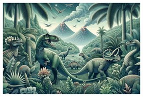 Tablou dinozauri în junglă cu vulcani