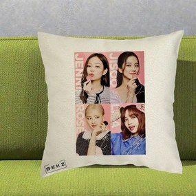 Perna Personalizata K-pop BLACKPINK Colaj 4 Portrete cu Semnature, 40x40 cm, Ecru, Husa Detasabila, Perna Inclusa, BEKZ®