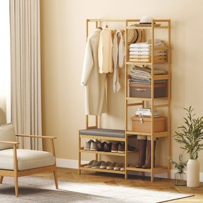 HOMCOM Cuier cu raft pentru pantofi, cârlige pentru haine, suport pentru paltoane, bancă cu pernă, pentru hol, intrare, lemn natural | Aosom Romania