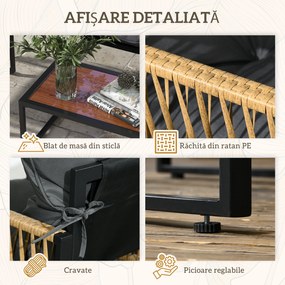 Outsunny Set de Mobilier de Grădină din 4 Piese PE Rattan cu Canapea Dublă, Fotoliu, Măsuță de Cafea din Sticlă, 106x70x72 cm, Gri