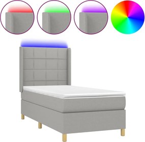 vidaXL Pat cu arcuri, saltea și LED, gri deschis, 90x200 cm, textil