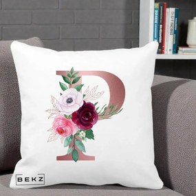 Cadou Personalizat - Perna Personalizata Monograma Rose Gold Litera P, 40x40 cm, Alba Mata, Husa Detasabila, Perna Inclusa, BEKZ®