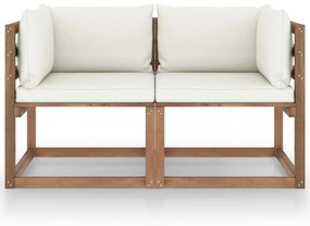 Canapea de gradina paleti, 2 locuri, perne alb crem, lemn pin