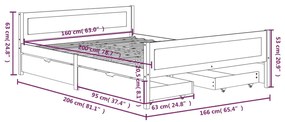 Cadru pat cu 4 sertare, maro inchis, 160x200 cm, lemn masiv pin Maro inchis, 160 x 200 cm, 4 Sertare