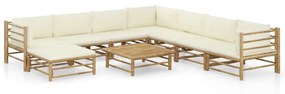 3058229 vidaXL Set mobilier de grădină, cu perne alb crem, 9 piese, bambus