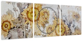 Tablou - Floarea-soarelui pe perete (cu ceas) (90x30 cm)